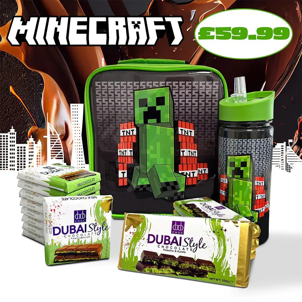 Minecraft Back To School Lunch Box & Bottle Special Offer With Dubai Style Milk Chocolate Bars Fast Trak Limited