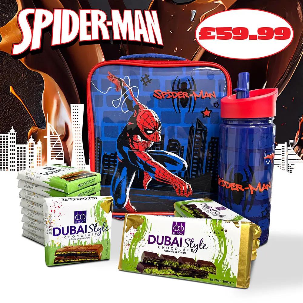 Spiderman Back To School Lunch Box & Bottle Special Offer With Dubai Style Milk Chocolate Bars Fast Trak Limited